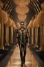 Placeholder: Photography Full body modeling man on fashion show using A high detailed 3d render of a black and gold ornaments long black leather jacket.