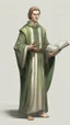 Placeholder: Personaje a cuerpo completo, boceto a mano en grafito, sacerdote joven de 25 años, estatura media 1.75 m, complexión atlética moderada, cabello castaño claro ondulado hasta hombros, ojos verde esmeralda, mirada amable y serena, túnicas sencillas tonos tierra, símbolos discretos del Culto del Uno, sandalias simples, cinturón con libro de oraciones, postura relajada y atenta, mano extendida en gesto de bienvenida, rasgos faciales detallados.