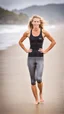 Placeholder: anorexic beautiful woman, age 21, total shot, grey capri leggins, triathlon top, blonde surfer hair, blurred beach background