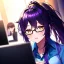 Placeholder: Clear focus, 8k, high quality, detailed, beautiful lighting, girl, vibrant colors, purple long hair, vibrant golden eyes, office clothes, black glasses, messy hair, beautiful eyelashes, ponytail,