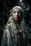 Placeholder: underground grove, with bricks and stones, portrait of Galadriel with pale, ethereal features with long silver hair that seems to shimmer in the moonlight. She dresses in flowing, dark-colored clothing that accentuates her mysterious aura. photo-realistic, shot on Hasselblad h6d-400c, zeiss prime lens, bokeh like f/0.8, tilt-shift lens 8k, high detail, smooth render, down-light, unreal engine 5, cinema 4d, HDR, dust effect, vivid colors, smoke