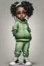 Placeholder: Create an airbrush image of a curvy chibi cartoon black female wearing a light green jogger set and black sneakers. Prominent make up with hazel eyes. Extremely highly detailed of messing curly bun