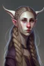 Placeholder: portrait of a young tiefling in her twenties, very light long hair, enclosed in a braid, small ears, small and elegant nose