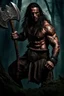 Placeholder: Jason David Frank Very muscular man with long hair and tribal tattoos in barbarian clothes with silver axe in forest, realistic face, close-up, brutal, dark fantasy, smoke in the sky, lightnings, rain, intricate details, hyper detailed