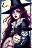 Placeholder: Cute friendly witch, playing with cute cats, perfect eyes, perfect iris, ink and pencil, style Elisabeth Kreitz