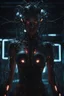 Placeholder: Demon girl, fullbody, creepy, horrifying, sinister, many wires connected to the head<perfect pupil> <cyborg> <garage> <sci-fi futuristic> lumen lighting, led lights, sparks around her, sparks cybernetic,high lighting, intricate, 8k, macro photography,