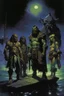 Placeholder: 1970's dark fantasy cover dnd style oil painting of group of heros, an elf, a halfling, an gigant ogre, a human and an herbalist in the port at night with minimalist far perspective. Magazine.