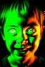 Placeholder: Face of an evil child with a demonic smile, white eyes, surrounded by flames, youthful green lighting.