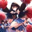 Placeholder: Clear focus, High resolution, long black fluffy hair, red eyes, chopped bangs, wearing a cheerleading outfit, jumping, wearing a skirt, legs together, smiling, Extreme Close up of eyes