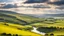 Placeholder: View across the valley in the Yorkshire Dales with beautiful clouds, late afternoon sunshine, stone walls enclosing the fields, gentle hills and valleys, river, calm, peaceful, tranquil, beautiful composition