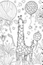 Placeholder: HAPPY NEW YEAR colouring page for kids,Giraffe reaches for starlit balloons, thick outline, low details, no shading, no colour