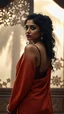 Placeholder: A divine South Asian woman stands in quiet grace, draped in a designer saree of earthy clay tones, evoking the warmth of Bengal soil. Her modern blouse features a deep back cut and minimalist straps, blending tradition with contemporary elegance. Her teary eyes shimmer with emotion, her serene face framed by soft curls and a subtle bindi. Behind her, a carved wooden door with intricate floral and geometric patterns glows in the misty golden light of Diwali. A tall palm tree looms through the fog