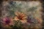 Placeholder: flowers, blur 5%, double exposure, merged layers, in the first part (near to us) of the picture you can see a plain sandblown smoked glass, engraved with a folk art pattern, the glass is cracked in several places, in some places the glass is broken, crumpled burlap, through it you can see a tropical rainforest with a waterfall, mist, fog, sunrise