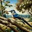 Placeholder: Wildlife painting in the style of Charles Tunnicliffe, showing a European Jay, perched upon the branch of a tree in the English countryside. Modifiers: oil on canvas Art Nouveau 1950s style oil on canvas wildlife art Charles Tunnicliffe ladybird books Art Nouveau oil on canvas oil on canvas