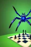 Placeholder: large hairy blue spider wearing a top hat and playing chess, photorealistic, blender render, wide angle lens, 4k, two birds, jungle,