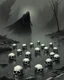 Placeholder: Death is all over the river , 12 skulls are floating, a giant black shadow standing on the river bank watching the skulls on the water surface