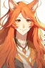 Placeholder: An older woman with long red hair, gold eyes, large fox ears, slight smile, pale skin, anime