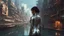 Placeholder: woman in a silver catsuit looking at a view of buildings made of reused dirty rusty metal next to a futuristic canal junction, cyberpunk, many painted colours, flying boats, balconies, bridges, people, shopping, eating, walking, fifth element, ghost in the shell, altered carbon, Ian McQue a masterpiece, 8k resolution, dark fantasy concept art, by Greg Rutkowski, dynamic lighting, hyperdetailed, intricately detailed, Splash screen art, trending on Artstation, deep color, Unreal Engine, volumetric