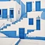 Placeholder: Minimalist abstract cyanotype photo of stairs outside a Greek house