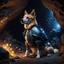 Placeholder: Hyper Realistic dog wearing armour guarding big black crystals with fireflies in a cave at night