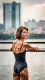 Placeholder: anorexic beautiful woman, age 21, total shot, short anthracite triathlon swimsuit, wavy bob haircut, surfer hair, blurred city background