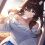 Placeholder: Clear focus, High resolution, Long fluffy brown hair, blue eyes, wearing a white skirt, detailed outfit, wearing a jacket oversized off shoulder, rough line, hair above ears, off shoulder white shirt, chopped bangs, parted hair, medium locks straight