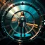 Placeholder: picture of a very huge real working physic based gyroscope with mirror surfaces in a inter star environment ,a very pretty lady with modern future clothing boots standing in main turning disk of gyroscope.1x1