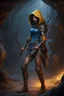 Placeholder: female, blue skin, yellow eyes, spider legs behind back, brown leather armor, holding bow, quiver of arrows, hood, black hair, hyper realistic, ruthless expression, stalking in the dark cave, dim glowing mushroom on cavern wall