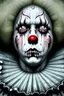 Placeholder: ultra detailed and highly realistic image of a gothic, scary clown, close up of him standing in the rain, the rain messed up his face makeup as it smudged of his face, chaotic, dramatic upclose view, 32k, splatter paint style