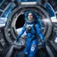 Placeholder: wide-angle photo of a woman in an electric blue spacesuit, with long glowing blue wavy hair, on a space station with views into space