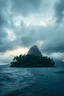 Placeholder: Creat a view from the ocean of an island filled with palms tree with a mountain in the background and a thunderstorms and rain and foggy clouds and high waves, cinematic, 8k, high quality photo , dim sun light behind the clouds
