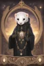 Placeholder: (anthropomorphic white ferret),dressed in ((cleric fantasy)) black clothes with silver holy ornaments, realistic anatomy, posing, cute face, fantasy inspire, bronze and brown color palette church on background, warm sunshine lighty from behind, gloomy atmosphere purple armband, The holy icon style, praying pose, closeв eyes:2.5