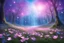 Placeholder: magic brightness diamon in a magic blue and pink lawn in a fairy forest, with lightness sky