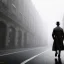 Placeholder: a man wearing a trench coat and hat walking down the street of london, lots of fog, dramatic, dramatic lighting, volumetric lighting, hyperrealism, 8k, high quality, photorealistic, lot of details