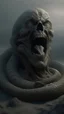 Placeholder: A big statue of a head in the sand huge mouth open and out of it a lot of snakes and spidrs,surrealism of the dark of a nightmare ten miles high and six foot deep, hyper photorealistic, hyper detailed dark art color, high resolution, fog, octane render, tilt shift, HDRI Environment, all pictures dark gray