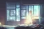 Placeholder: single character staring out window to city on bed, very dark room, scifi tech city apartment, cyberpunk, scifi, high tech, dark night lighting, god rays, neon advertisements, rule of thirds, digital art, smooth, vibrant watercolor, wenjun lin, pixiv, artgerm, greg rutkowski, yuumei, wide shot, film grain