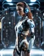 Placeholder: Realistic Photography facing front Handsome man super model brown hair science fiction style humanoid half with full body cyborg mechanicals and cybernetics lights wearing headphones,she on standing cool pose