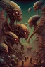 Placeholder: "Aliens" in a weird land - style by Rick Griffin - colorful, very sharp, sharp focus, extremely detailed, high definition, intricate, hyperrealistic