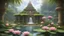 Placeholder: temple mayan in jungle palms, small lake with water lilies and river with a few very small waterfall in the watercourse, very pretty little flowered bridge with pink roses, very small fairies with pretty transparent wings, (very pretty shrubs++), grass well-cut green and small flowers of all colors, small dome-shaped house
