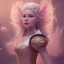 Placeholder: a pink castle, a cheerful fairy in front, big smile, pink, blonde hair, beautiful, whole face, whole top hair head, wide open blue eyes, transparent wings onn the back, hyperrealism, masterpiece, expert, cinematic lighting, sharp focus, 8K, pastel, macro lens, woman, detailed, flower