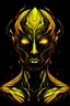 Placeholder: Vibrant Vector Art, Front View, alien god, yellow lava veins, stylized, half body, half skin, black background, 100 eyes, wide face, no mouth