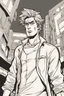 Placeholder: deranged young man with scruffy hair, stubble and a judgmental look on his face comic book style