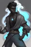 Placeholder: Male Air genasi fra d&d with black skin smoke some hair an Asian skin ghostly appearance with a Smokey undertone