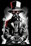 Placeholder: man with hat (wide and flat brim and a flat top) shading face, wearing a gas-mask standing beside an electric-chair, vignette, black and white graphic novel style with a red outline on black background, gothic horror