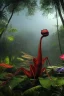 Placeholder: large venus fly trap with teeth eating a dragonfly, flowers, jungle, hyperrealistic, trees in background, digital art, alien like, disgusting, intricate, morbid, rainy, sinister, volumetric lighting, unreal engine, high resolution, 8k, depressing colors, dark colors, horror, horrific,