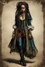 Placeholder: full body colored etching of an ornately dressed, malevolent, predatory vampire buccaneer girl from the French West Indies with highly detailed beaded dreadlock hair and facial features ,in the style of Rembrandt, Gian Lorenzo Bernini, and Johannes Vermeer, with a fine art aesthetic, highly detailed , realistic , 4k UHD