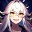 Placeholder: Clear focus, 8k, beautiful lighting, vibrant colors, girl, white long hair, vibrant golden eyes, messy hair, hair in between the eyes, laughing, angry, up close,