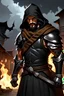 Placeholder: Dungeons and dragons portrait of a strong human male rogue standing in shadows known as the shadow fighter. He is wearing black leather armor with a brown scarf and a dark hood. He has black hair and a nice full beard. Background is a burning village at night with dark sinister shadows lurking around, adding a dark and ominous atmosphere.