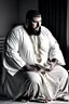 Placeholder: close up photography of a Burly arab 26 year old stocky short chubby man on his knees, short beard, dressed in an brown economic traditional caftan with pants and sandals, photorealistic, ambient occlusion, in a simple living room, ambient occlusion, side view from the bottom