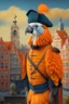 Placeholder: Half parrot half human in a 1700s Orange Dutch uniform next to a Dutch city